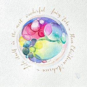 Original watercolor in rainbow colour Embryo painting Miracle Baby calligraphy quote in gold Art OOAK watercolour Fertility wall decor