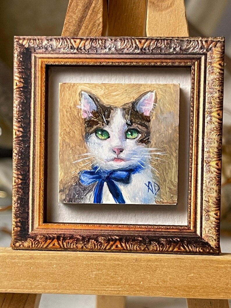 Melody Jane Dollhouse Miniature Painting - Mother Cat & Kittens Picture In Walnut Frame (1:12 Scale)