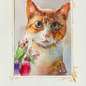 Origineel aquarelschilderij van kattenkunst van een zoete gemberkat met de ACEO-kaart met lentebloemen, handgeschilderd en handgemaakt