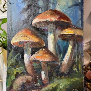 Original Hndmade hand painted A4 Oil Painting of Mushrooms in Enchanted Forest Realistic Impasto signed Art Nature Woodland Decor OOAK
