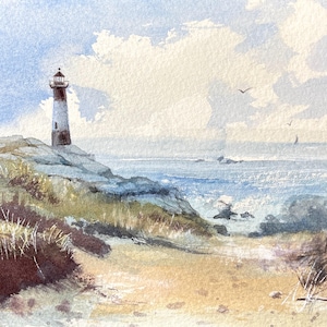 Original Landschaft Aquarell Malerei Leuchtturm in den Dünen Meer Aquarell Kunst handgemalt OOAK handgemachte kleine Kunst