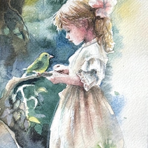Illustrazione originale ACEO Fantasy bizzarra di una ragazza che nutre un uccello nella foresta incantata, dipinta a mano in miniatura OOAK
