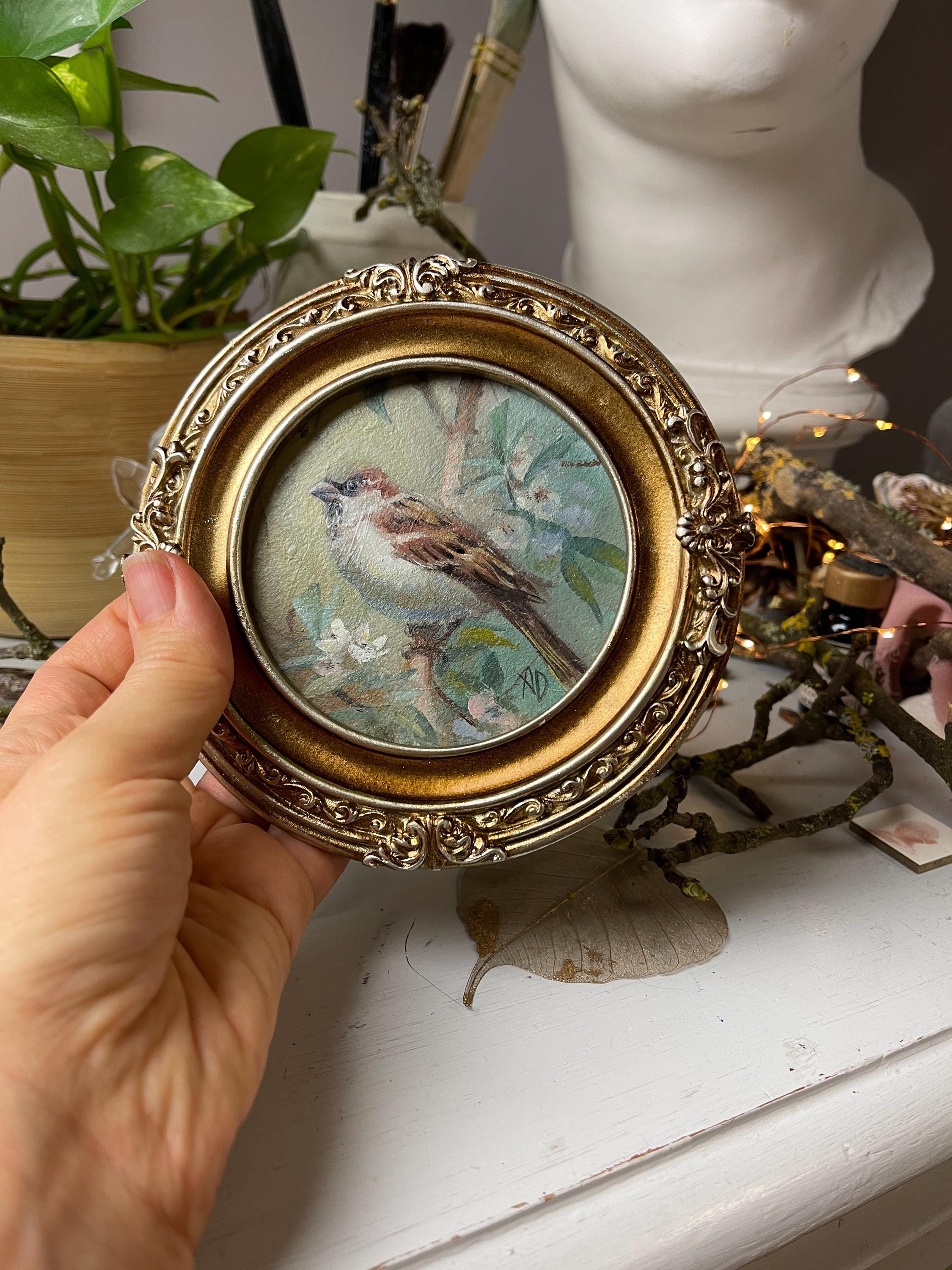 Bird on the Branch Sparrow by spring flowers round painting original handmade oil framed art in ornate baroque gold frame bird watchers gift