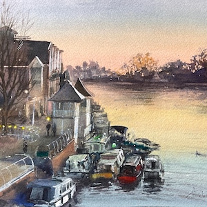 River Thames from Kingston Bridge Watercolor OOAK Handmade Original Landscape Painting UK Cityscape Art Wall Decor