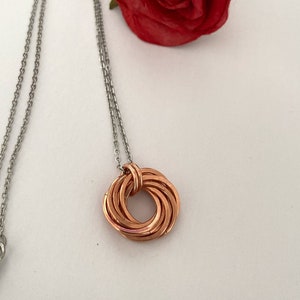 Hammered Pure Copper Necklace for 9th Wedding Anniversary Gift Idea, Nine Circle Linked Rings, 9 Ring Entwined Interlocking Copper Pendant