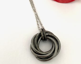 Hammered Antique Black Iron Necklace for 6th Wedding Anniversary Gift, Six Circle Linked Rings, 6 Ring Entwined Interlocking Iron Pendant