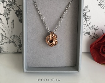 Handmade Bronze Love Knot Necklace, Stainless Steel Chain, 19th Anniversary Gift