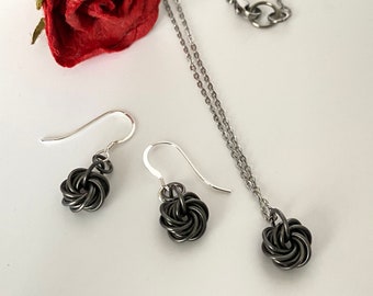 Dainty Antique Black Iron Rosette Swirl Necklace and Earrings Jewellery Set, Spiral 6th Anniversary Gift, Special Sixth Wedding for Wife Her