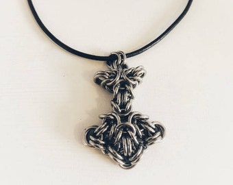 Mjolnir Pendant Thors Hammer Necklace Stainless Steel Chainmail on Black Leather Cord 24", Viking Norse Jewelry For Men, Father's Day Gift