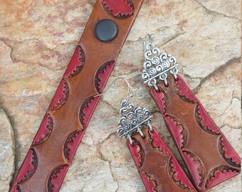 Hand tooled leather earrings and bracelet, dyed two-tone medium brown & a rich red