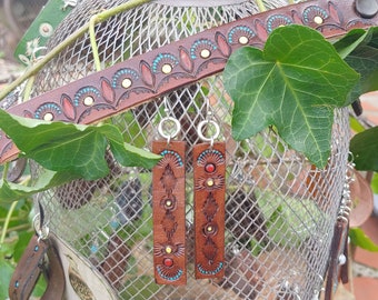 Hand tooled leather earrings and bracelet, dyed a rich, medium brown and hand painted with multiple jewel-tones
