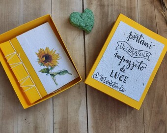 Notebook with seeding paper form and box with dedication