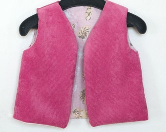 Pink velvet sleeveless vest / Printed cotton lining / size 6 months to 4 years