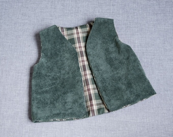 Gilet sans manches en velours vert sapin / Doublure en coton à motifs / taille 6 mois