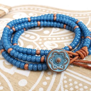 Boho Blue and Copper Beaded Double-Wrap Leather Bracelet