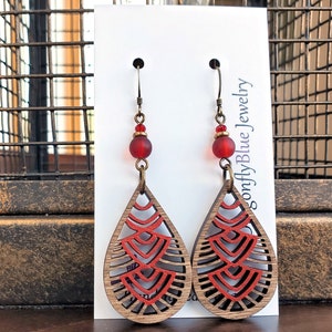 Laser-Cut Wood Tribal Teardrop Earrings
