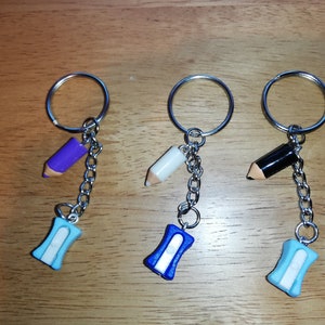 Keyring pencil and sharpener purple black or white pencil Birthday gift  teacher student  university school novelty fun.