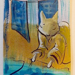 Cat Washing Indigo in Stream Original Art ACEO