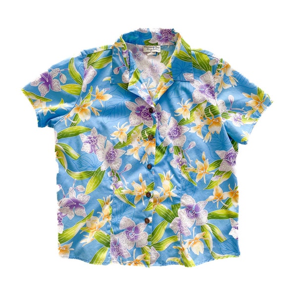 Vintage Bluse | Mittelgroßes Top mit tropischen Blumen | Hawaiihemd | Button Down, Kragen Top | 80er, 90er Jahre Mode