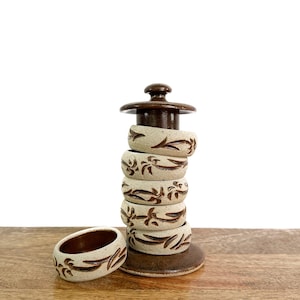 Vintage Napkin Rings| Set of 6 Stoneware Napkin Rings with Holder | Serveware, Table Decor