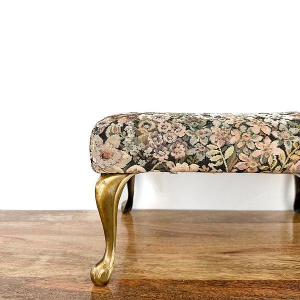 Vintage Stool |  Floral Upholstered  and Brass Foot Stool | Home Decor/Furniture