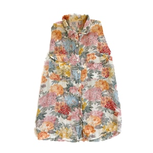 Vintage Blouse | Small Floral Linen Button Down Tank Top | Summer Top | 80s, 90s Fashion