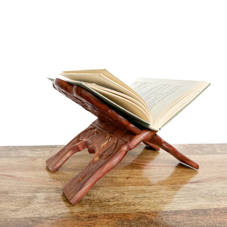 Vintage Book Stand Folding Carved Wood Book Holder Boho Shelf Decor image 1