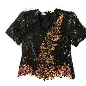 Vintage Top | Medium Silk Sequins/Beaded Top | Black & Gold Sparkly Blouse | 80's, 90's Fashion