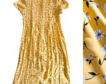 Vintage Dress | Size 16 Long Yellow Floral Daisy Print Dress | Summer Dress | 80s, 90s Fashion