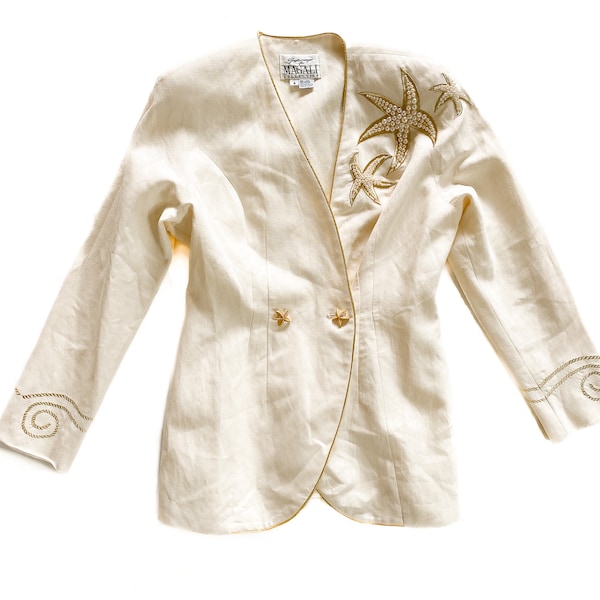 Vintage Blazer | Size 6 White Dress Jacket with Gold Starfish Detail  | 80s, 90s Fashion