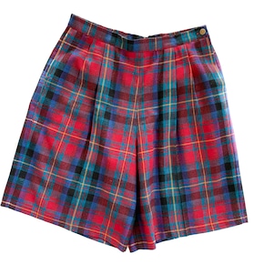 Vintage Shorts | Size 14 Wool High Waisted Red Plaid Shorts | Pleated Shorts | 80&#39;s, 90&#39;s Fashion