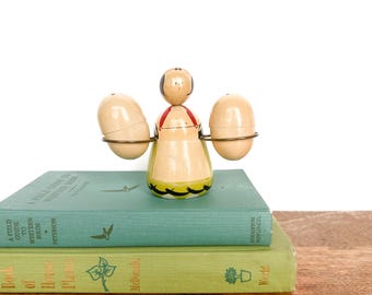 Vintage Salt and Pepper Shakers | Wooden Woman Holding Eggs | Table Decor, Serveware