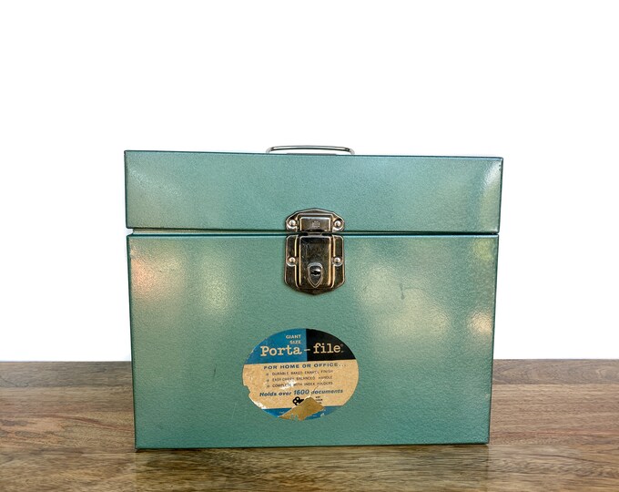 Vintage File Box Green Metal Paper File Holder Office Storage, Supplies
