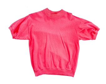 Vintage Top | Medium Short Sleeve Crew Neck Top | Bright Pink Sweater/Sweatshirt | 80's, 90's Fashion