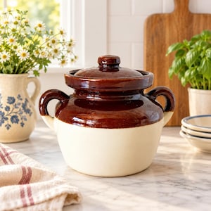 Vintage McCoy Bean Pot #341 | Brown & Cream Stoneware Crock with Lid | Two Handle Pottery