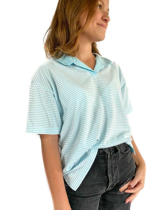 Vintage T-Shirt | Medium Blue Striped Polo Shirt … - image 2