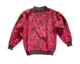 Vintage Sweater | Small/Medium Pink and Black Sweater | Mock-Neck Knit Pullover Top | 80's, 90's Fashion