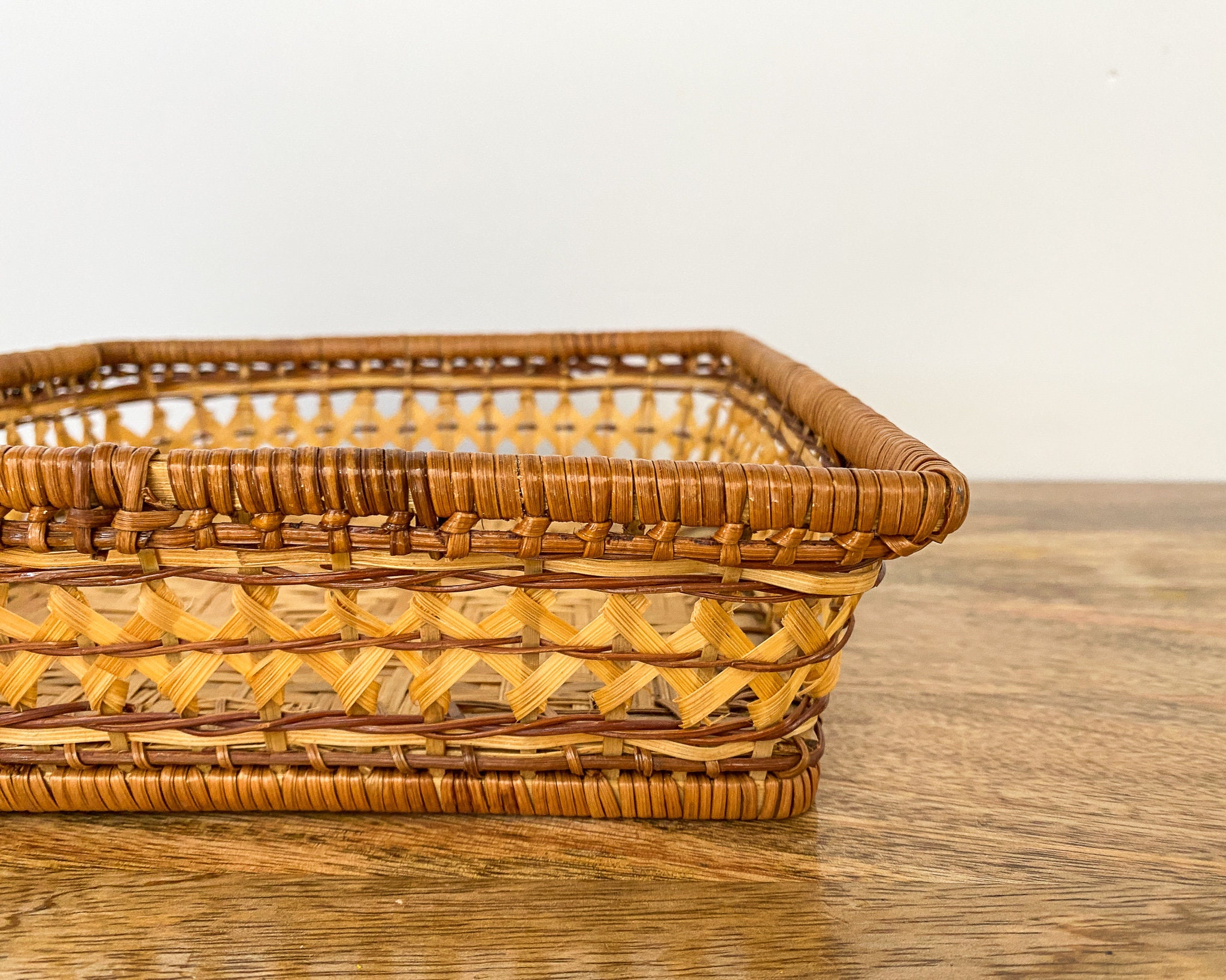 Vintage Basket Small Woven Square Basket Boho Home Etsy