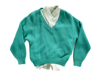 Vintage Sweter i Bluzka | 9/10 Teal Pullover z Kołnierzykiem pod Bluzką | Moda Lat 80. i 90.