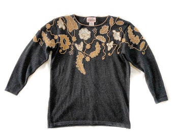 Vintage Sweater | Medium Black and Gold Floral Metallic Sweater | Pullover | 80's, 90's Fashion