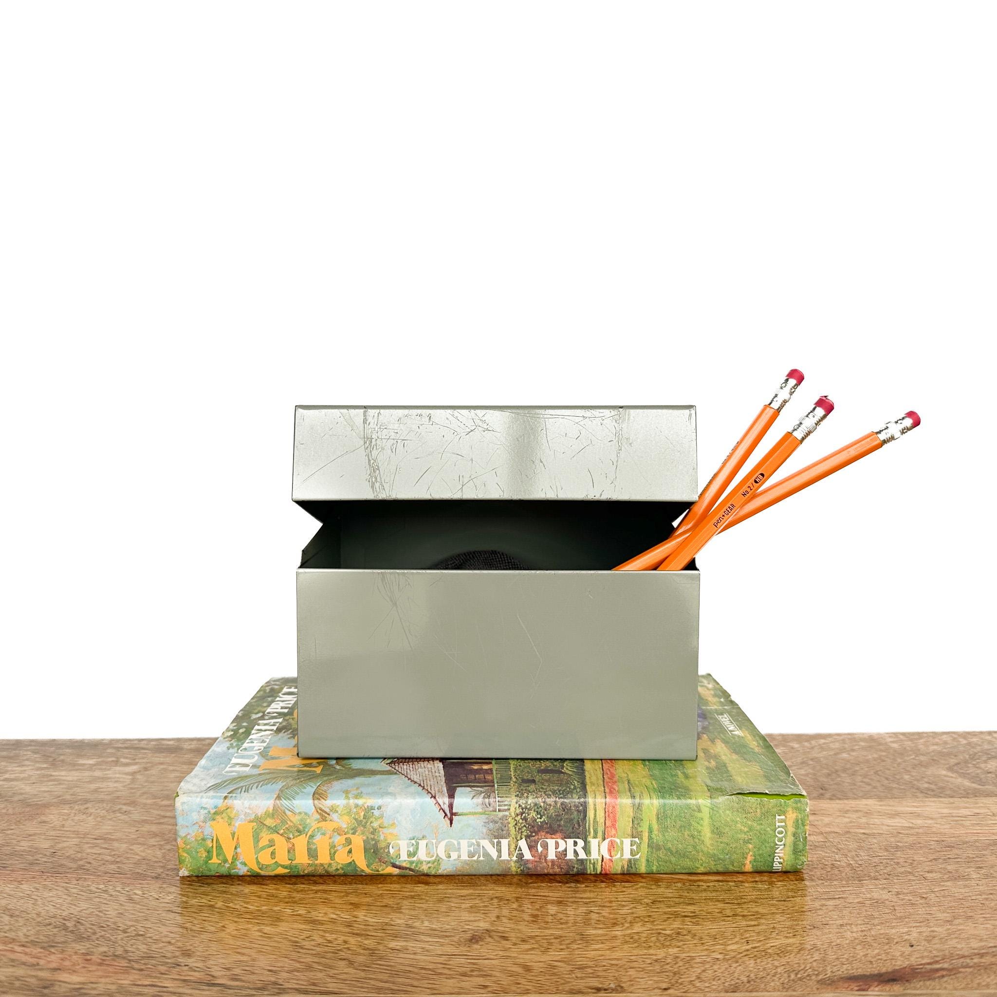 Vintage File Box | Gray Metal Index Card File Holder | Office