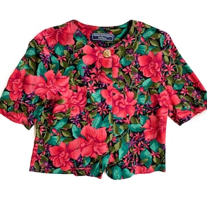 Vintage Blouse | Size Small Floral Blouse | Short Sleeve, Button Down, Cropped Top | 80s, 90s Fashion