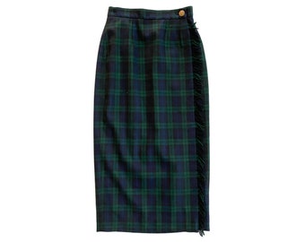 Vintage Skirt | Size 8 Green Plaid Wool Skirt | Long, Wrap, Pleated Skirt | 80's, 90's Fashion