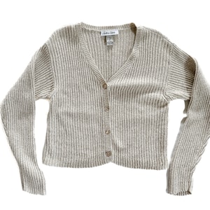 Vintage Sweater | Large Beige-Colored Knitted Cardigan | Woman&#39;s 80&#39;s, 90&#39;s Fashion