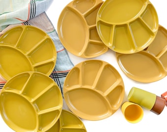 Vintage Plastic Plates | 5 Piece Yellow and Orange Serveware | Retro Picnic & Dining, 70's