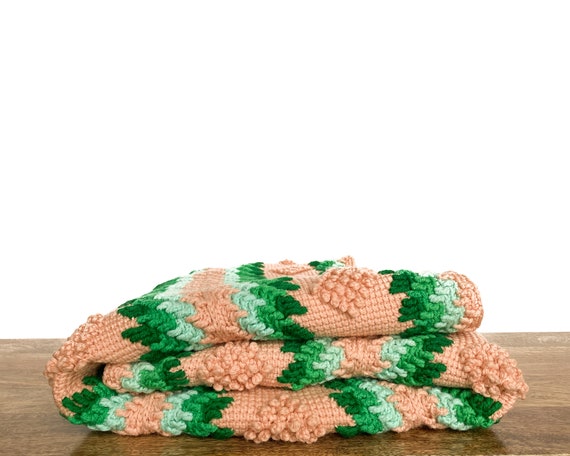Vintage Afghan | Green and Pink Crochet Throw Blanket | Raised Design | Vintage Home Decor