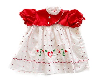 Vestido de niña vintage / 2T vestido bordado de lunares rojos y blancos / ropa de bebé vintage