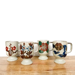 Vintage Mugs | Set of Four Flower Stoneware Pedestal Mugs | Ceramic Serveware, Drinkware