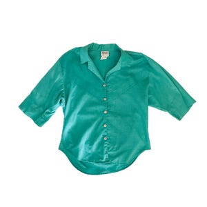 Vintage Blouse | Size Small Teal Top | Short Sleeve Blouse | Button Up Shirt | 80s, 90s Fashion