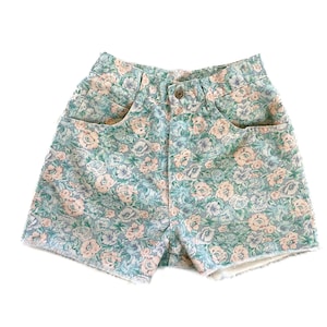 Vintage Shorts | Size 7 Denim Pant | High Rise Floral Jean Shorts | Raw Edge | 80s, 90s Fashion